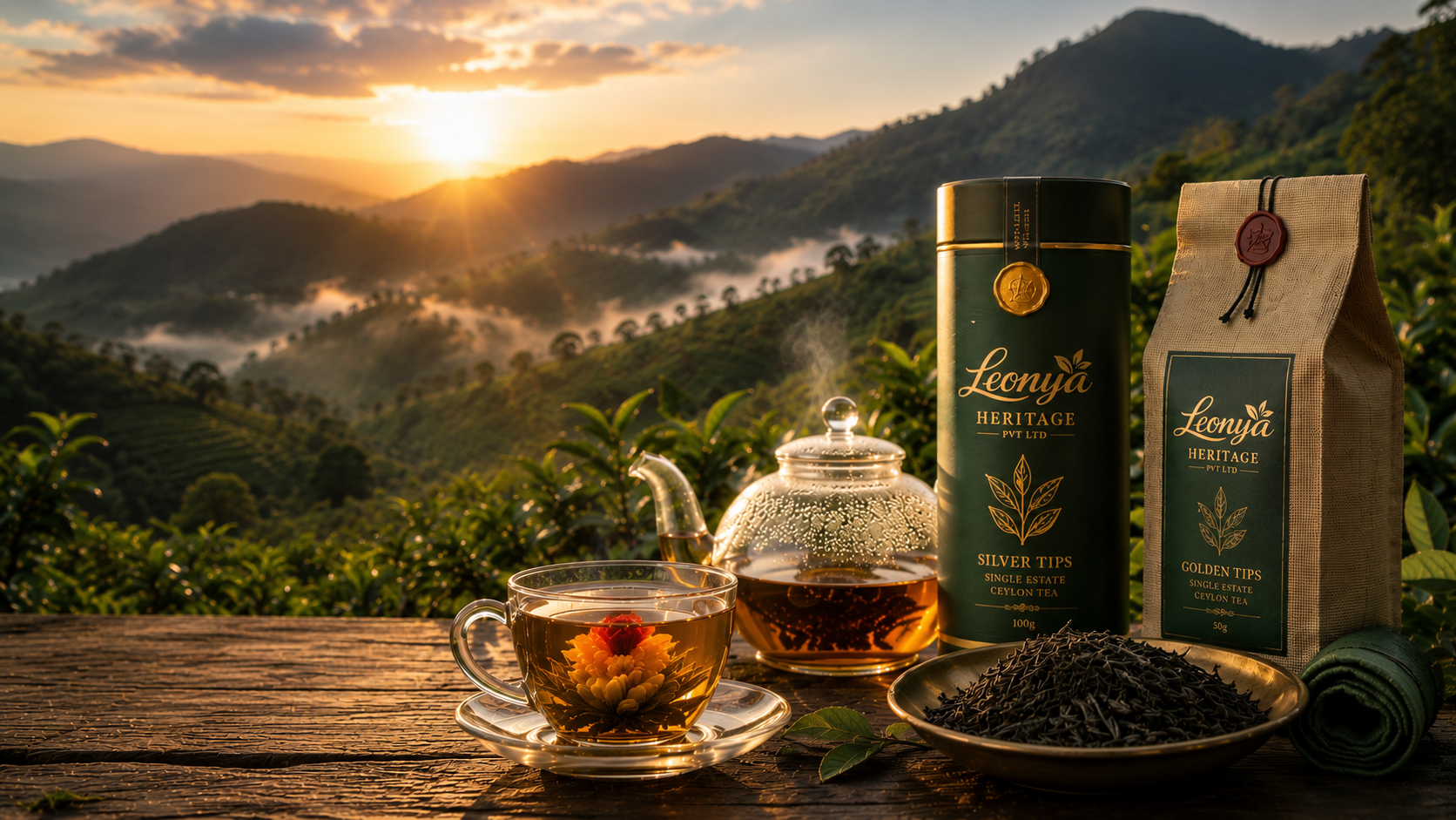 Leonya Heritage tea collection against a hill country landscape